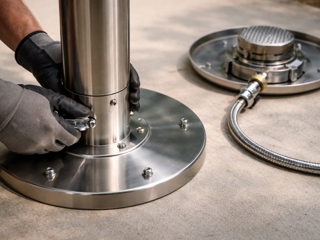 Close-up of hands bolting a stainless outdoor heater pole to its base and connecting burner regulator hose