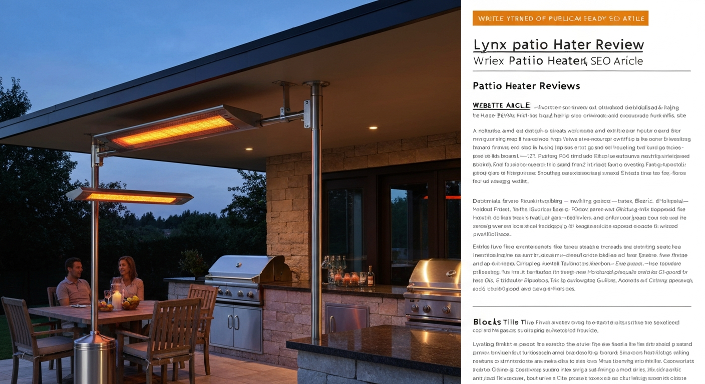 Upscale outdoor kitchen at dusk with stainless-steel Lynx patio heaters (eave-mounted and post-mounted) glowing and warming a dining area.