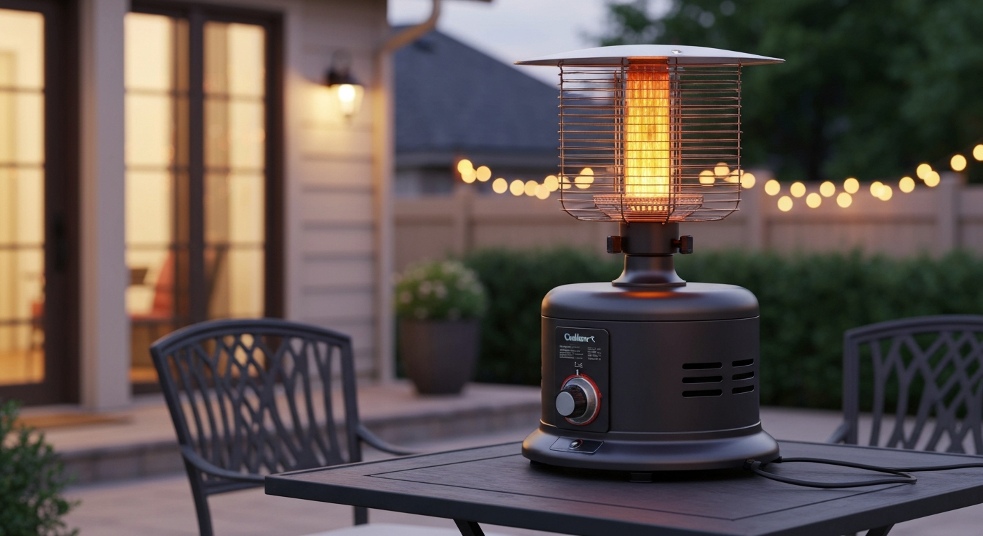 Photorealistic tabletop propane patio heater (Cuisinart COH-500P style) lit on a bistro table at dusk, showing the burner glow, base, and overall size in a patio setting.
