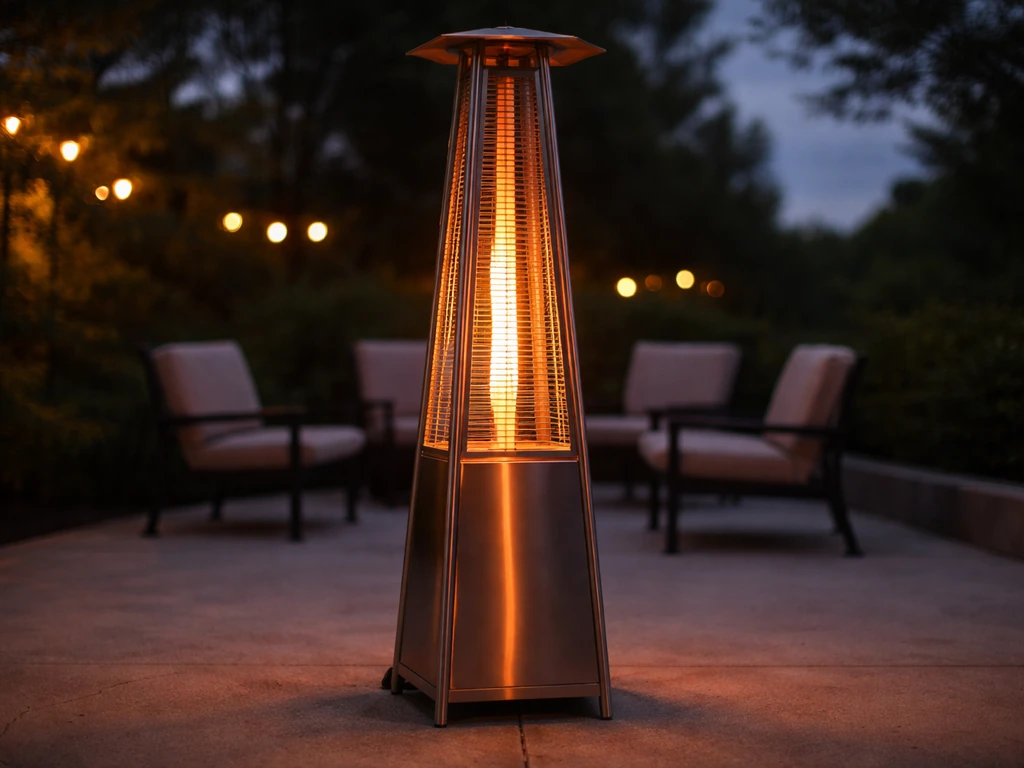 Lit pyramid patio heater glowing on a quiet outdoor patio at dusk.