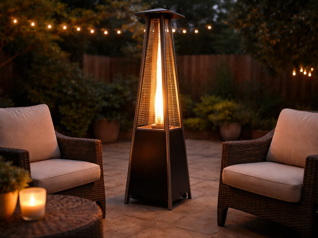 Glowing pyramid patio heater on a quiet evening patio with nearby empty outdoor seating within a few feet