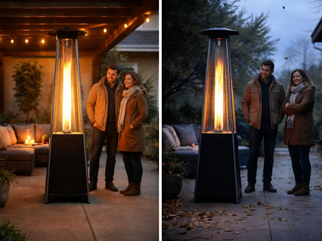 Patio heater beside a covered side and an exposed wind side, showing warm vs cooler areas