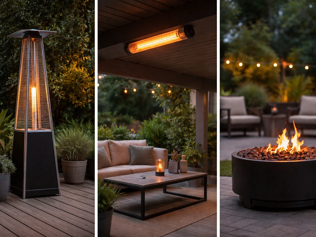 Patio comparison showing a propane pyramid heater, an overhead electric infrared heater, and a fire pit.