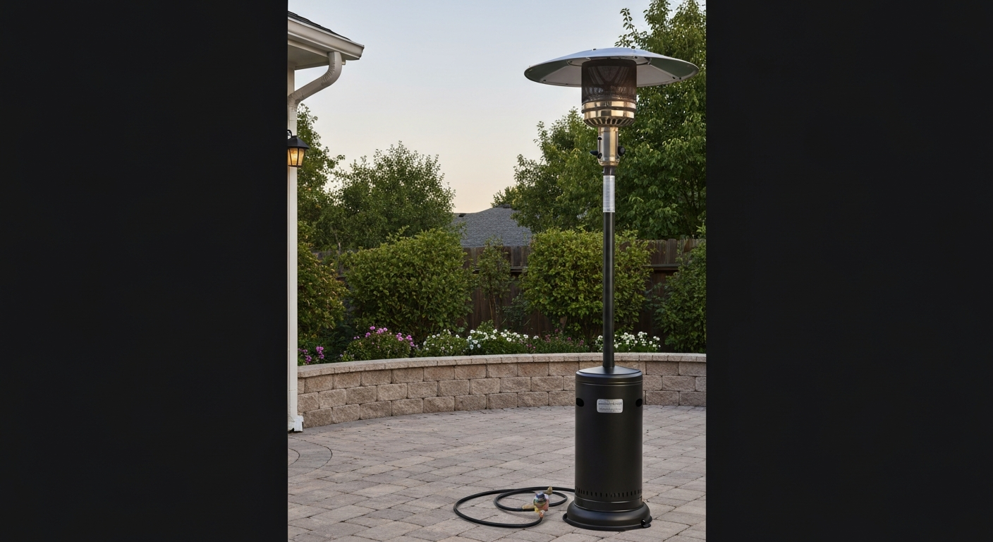 Fire Sense matte black 50,000 BTU propane standing patio heater (Costco Item 1807363) assembled on a patio, full view from base to reflector.