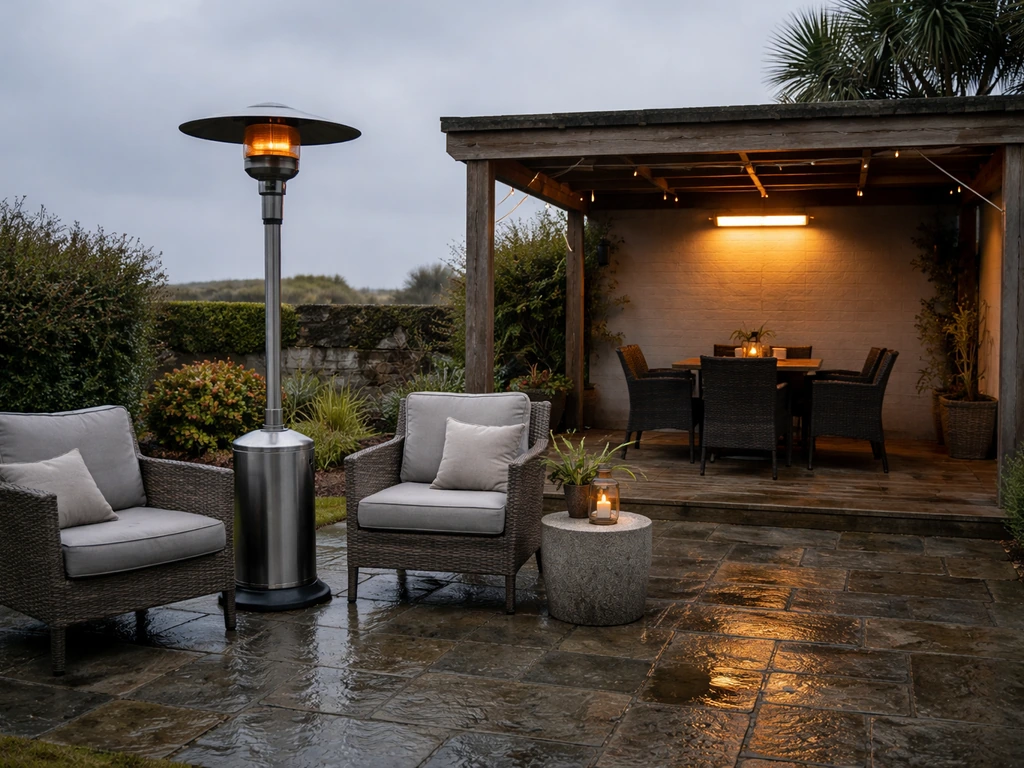 Covered pergola patio with wall/ceiling heater beside an uncovered seating area with a freestanding heater under overcas