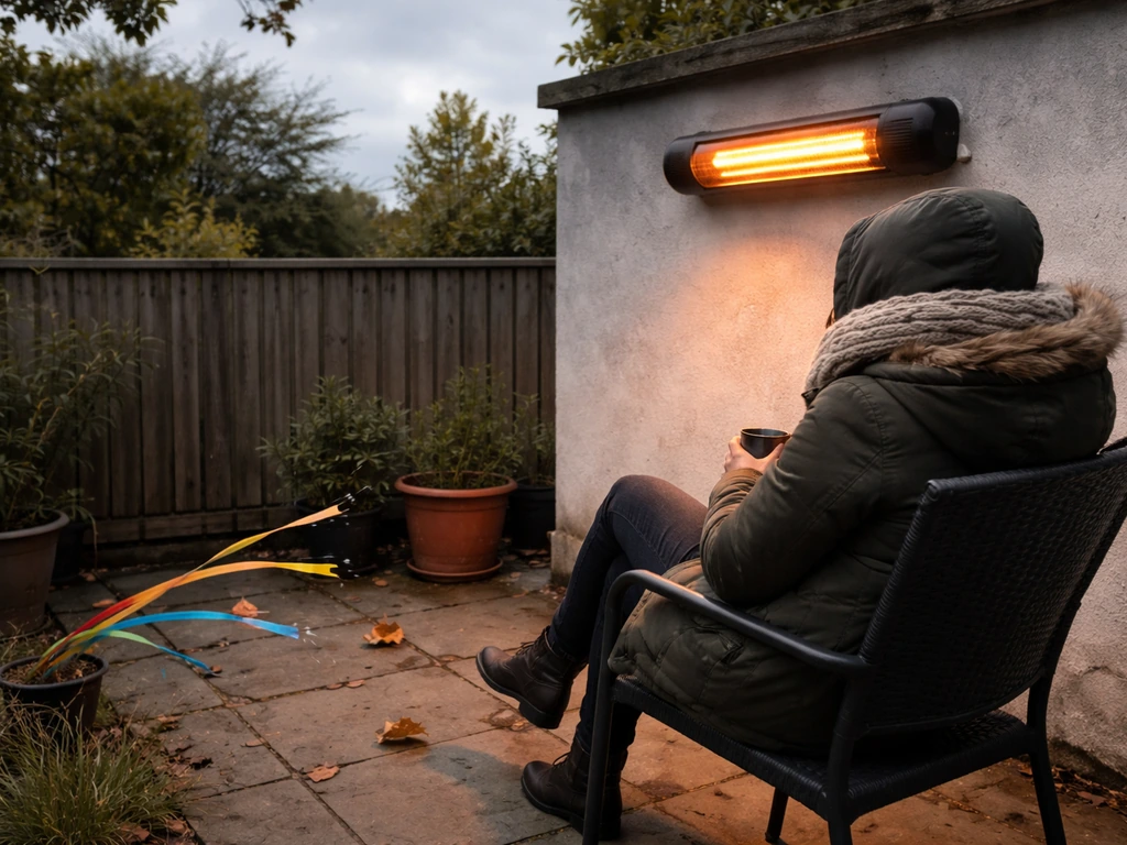 Patio corner in Ireland with a radiant heater warming a seated figure while wind blows visible leaves sideways.