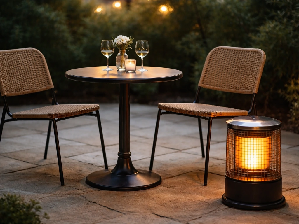 Round bistro table for two with a compact patio heater and clear surrounding space, no people.