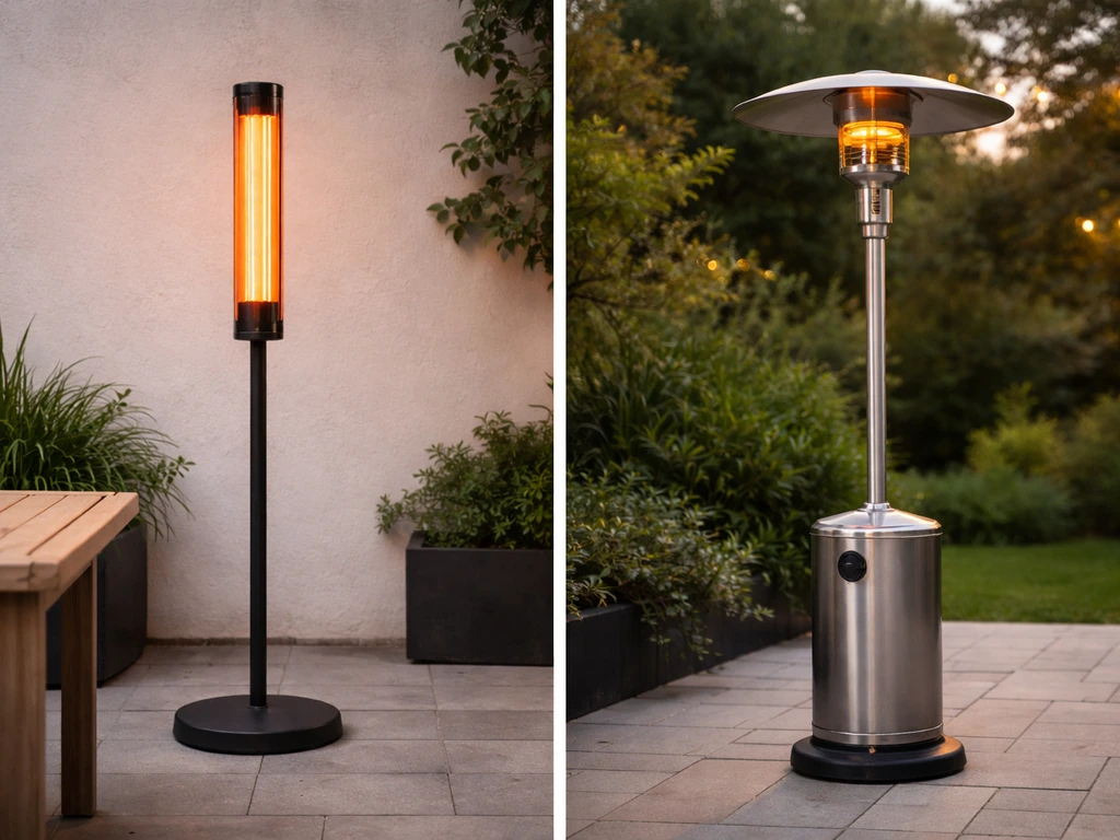 Two simple patio heater scenes: an electric infrared heater and an LPG freestanding mushroom heater.