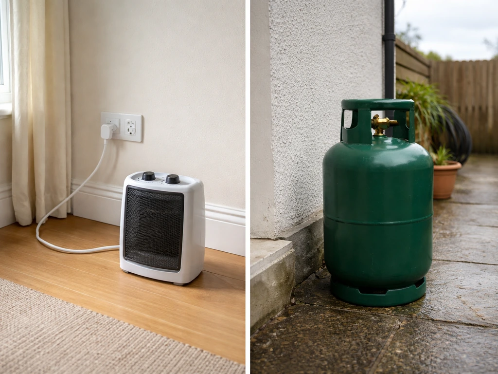 Minimal split image: electric plug and heater indoors vs an outdoor LPG cylinder in Ireland.