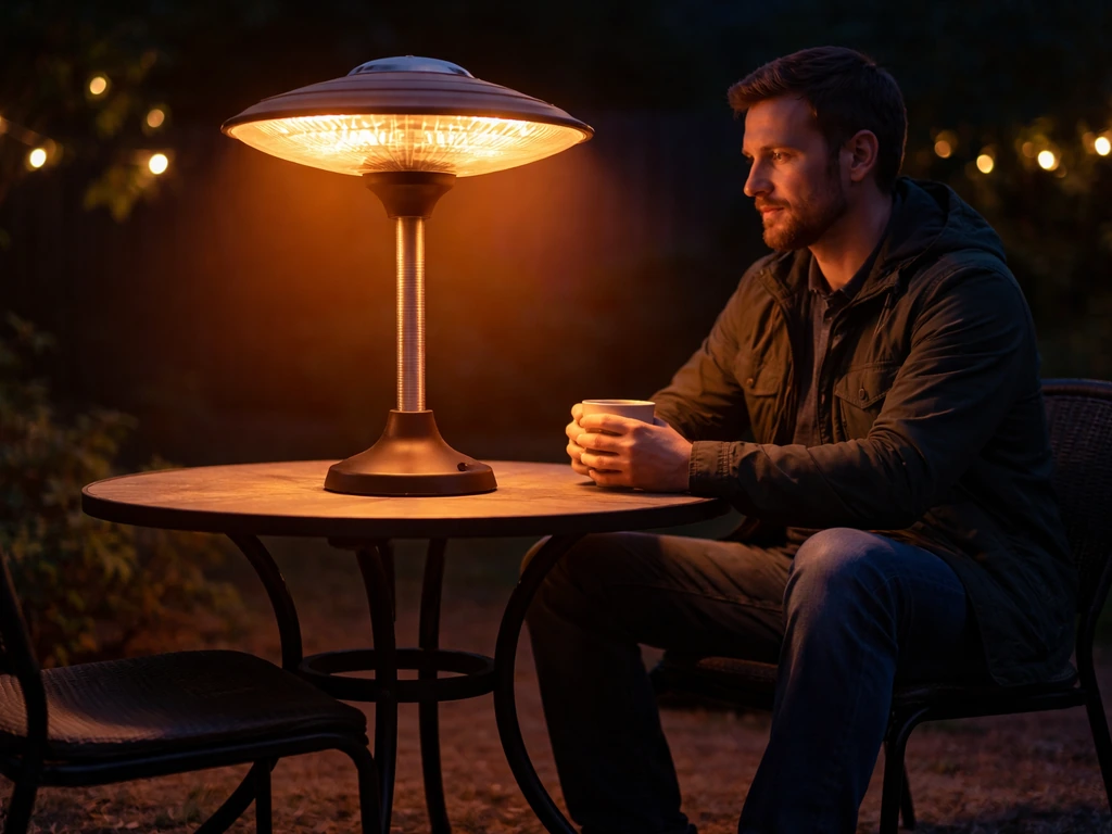 Person seated at an outdoor table with a tabletop electric heater providing focused warmth.