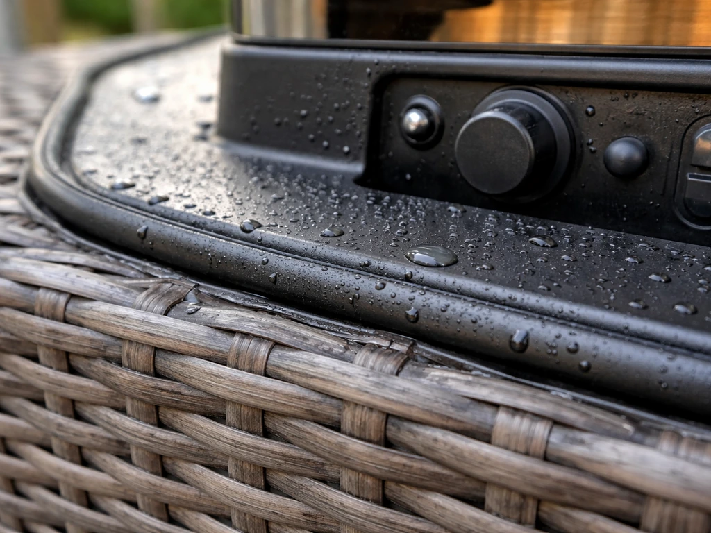 Close-up of a rattan-base outdoor electric heater’s sealed control panel with water-splash resistant texture