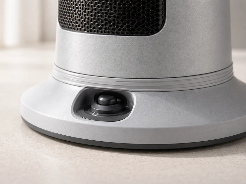 Close-up of a tabletop heater’s tip-over cut-off area and cool-touch outer housing on a tabletop.