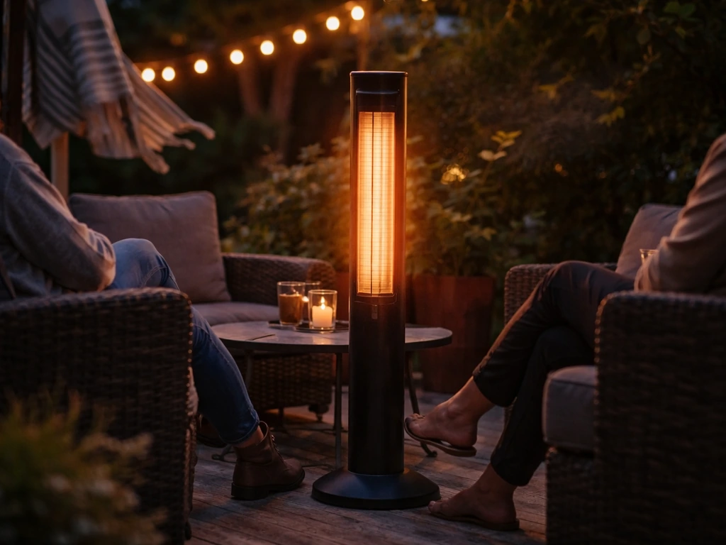 Outdoor patio seating with infrared heater centered; wind fluttering flags disrupts the warm glow.