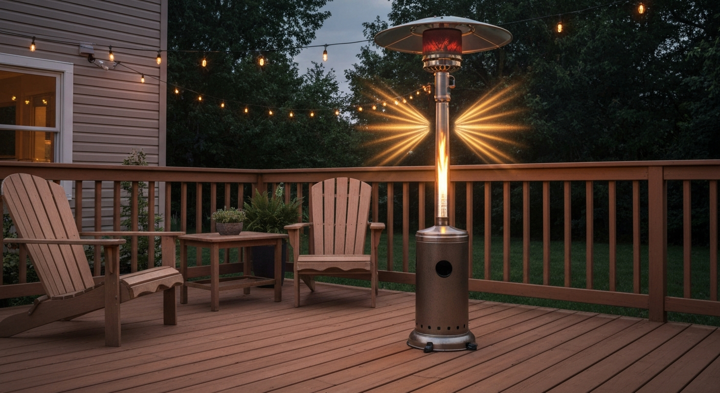 Dusk backyard deck warmed by a Bond Sonoma 40,000 BTU patio heater in Envirostone finish.