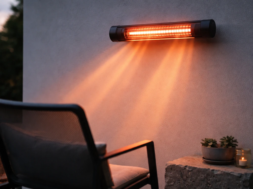 Infrared heater on a wall casting warm glow beams onto nearby chair and stone surface.