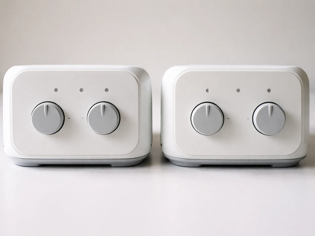 Close-up of two compact heater control panels side-by-side showing different heat level settings knobs.