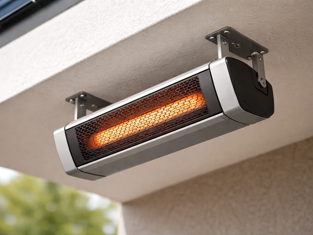 Wall-mounted heater installed on an exterior surface with visible brackets and mounting clearance