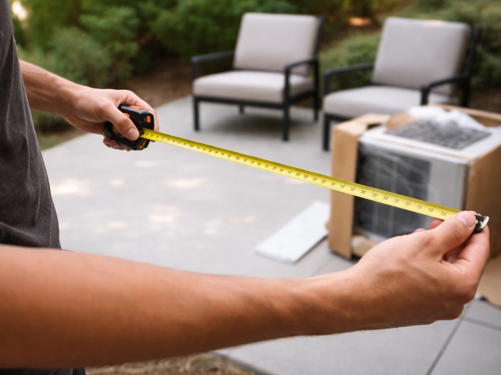 Person using a tape measure on a patio while unboxed outdoor appliance sits nearby.