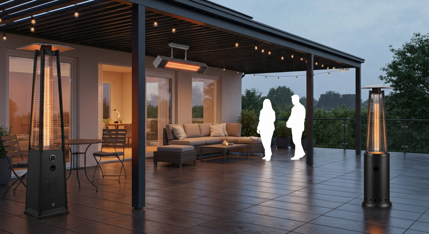 Three electric patio heaters (freestanding infrared tower, wall-mounted halogen, compact freestanding halogen) on a covered pergola terrace at dusk, glowing warmly with people seated nearby; light rain visible outside the shelter.