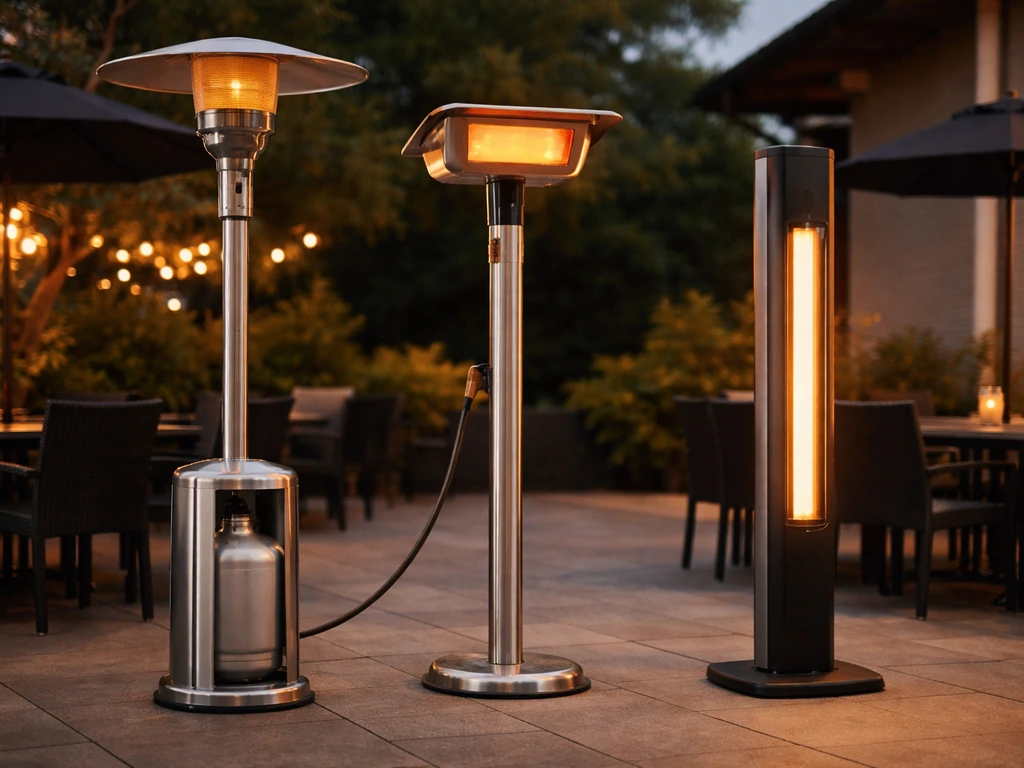 Multiple commercial patio heaters in a restaurant patio, showing propane, natural gas, and electric infrared types