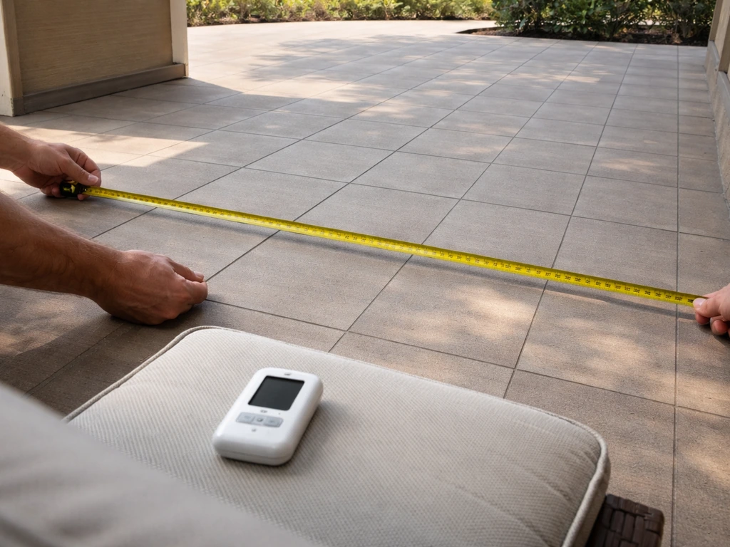 Hands measuring a covered patio tile area with a subtle grid overlay for BTU coverage planning.