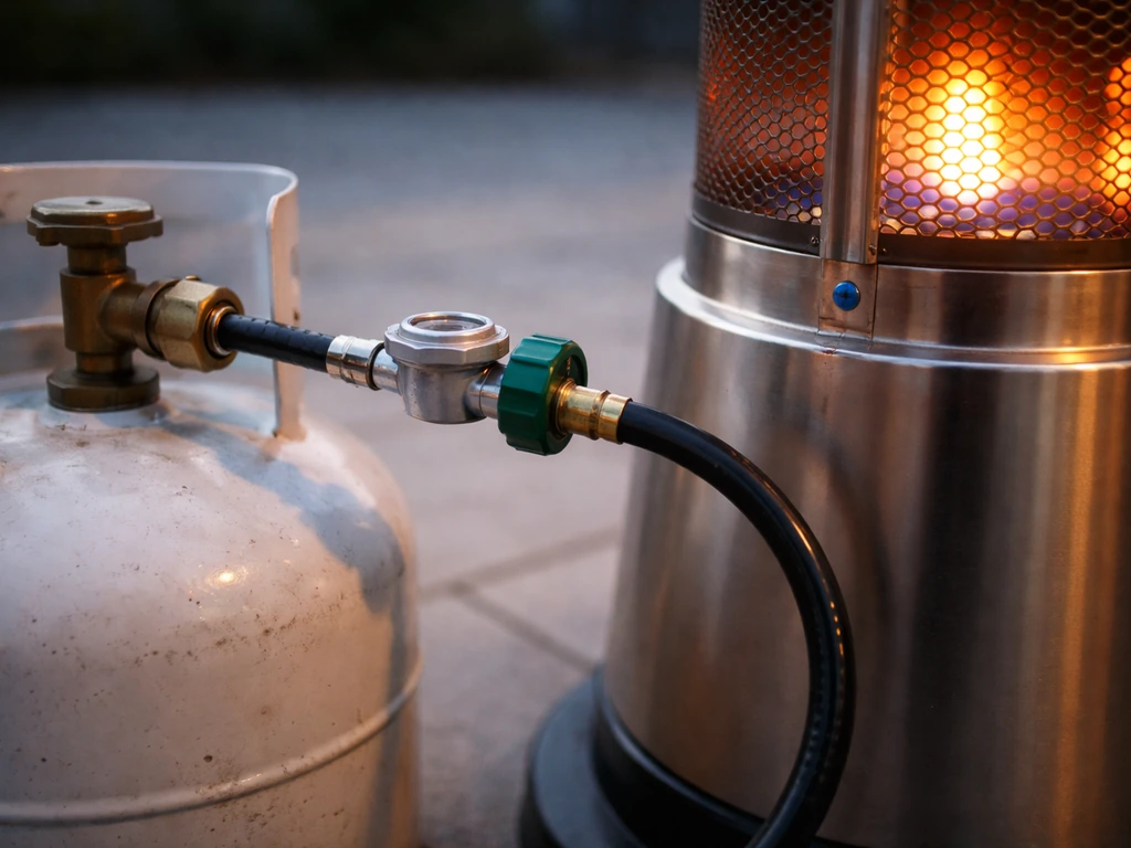 Outdoor propane heater running with visible hose and regulator connection to a propane tank
