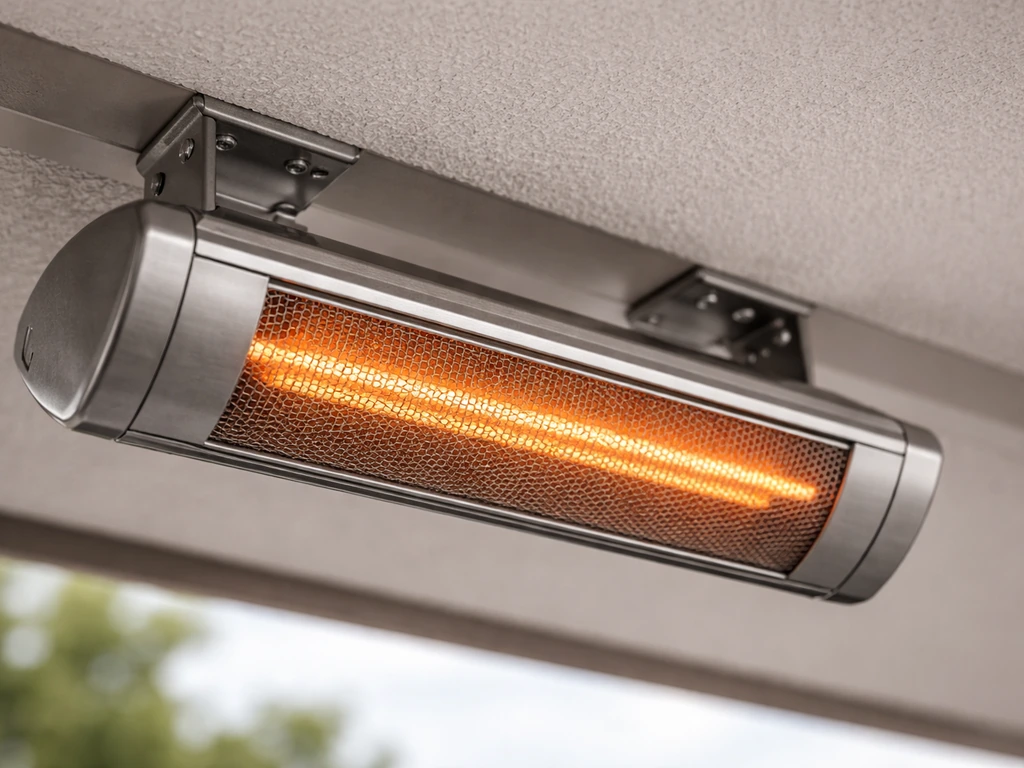 Closeup of an electric infrared patio heater showing ceiling mount and glowing emitter face