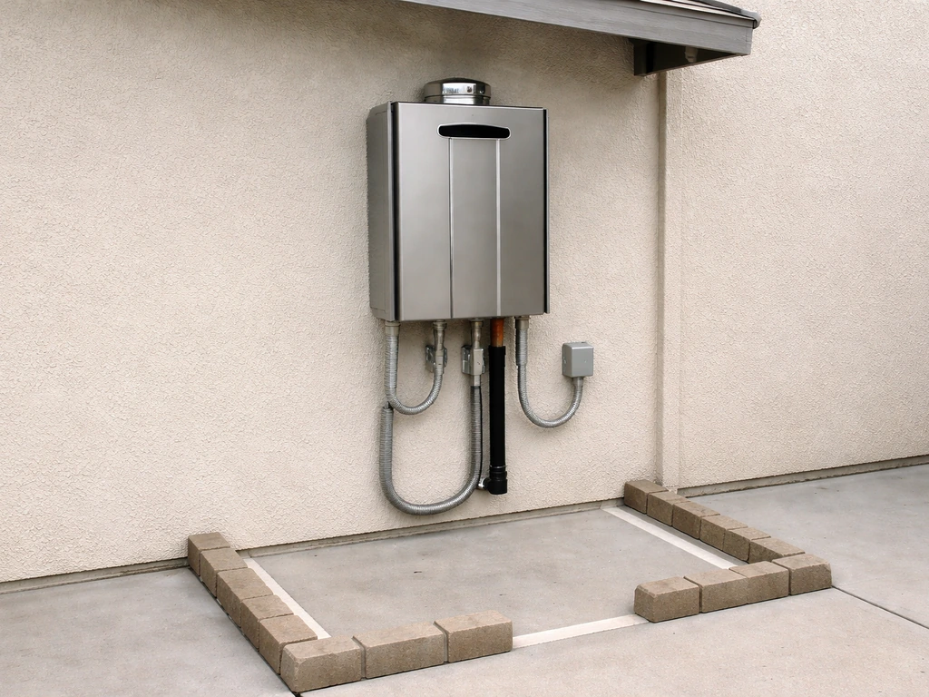 Outdoor commercial gas heater with a marked clearance zone and weatherproofed connections near an awning.