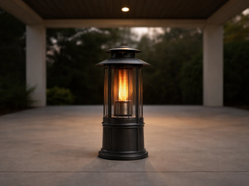 Kettler-style 80cm lantern patio heater outdoors under a covered patio with a warm glow.