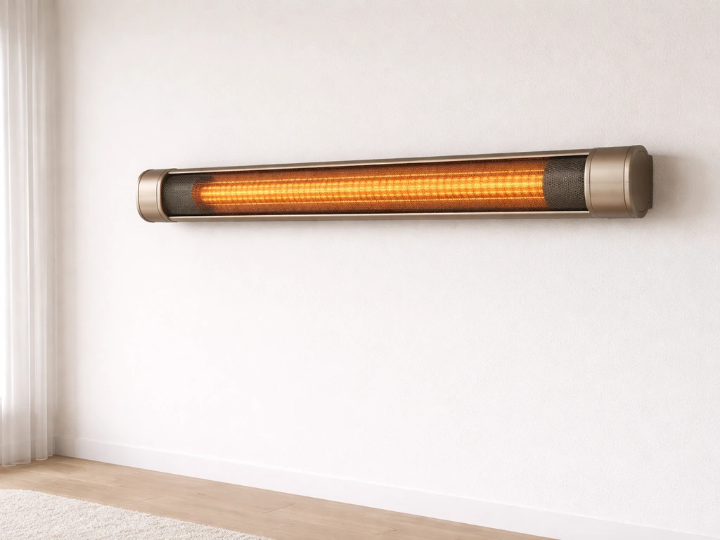 Kalos Universal Lantern 80cm heater mounted in a bright living room, showing its slim lantern-like shape