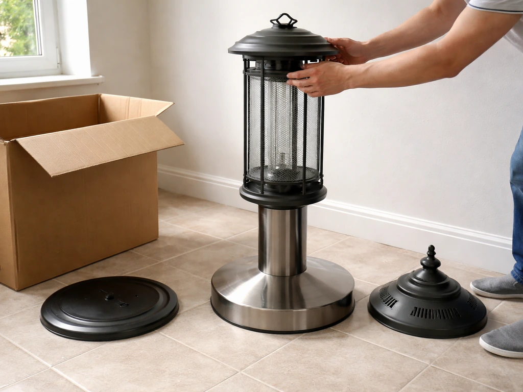 Hands slot the lantern body onto the base with the top cap nearby during heater setup.