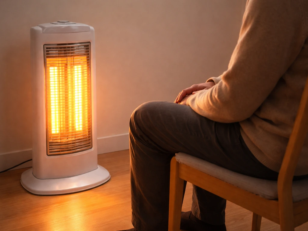 Lit halogen heater with a seated person about 1 meter away, showing warm glow on nearby surfaces.