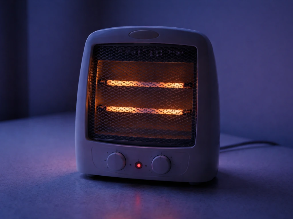 Close-up of a tabletop halogen heater with a faint, dim glow indicating a heating issue.
