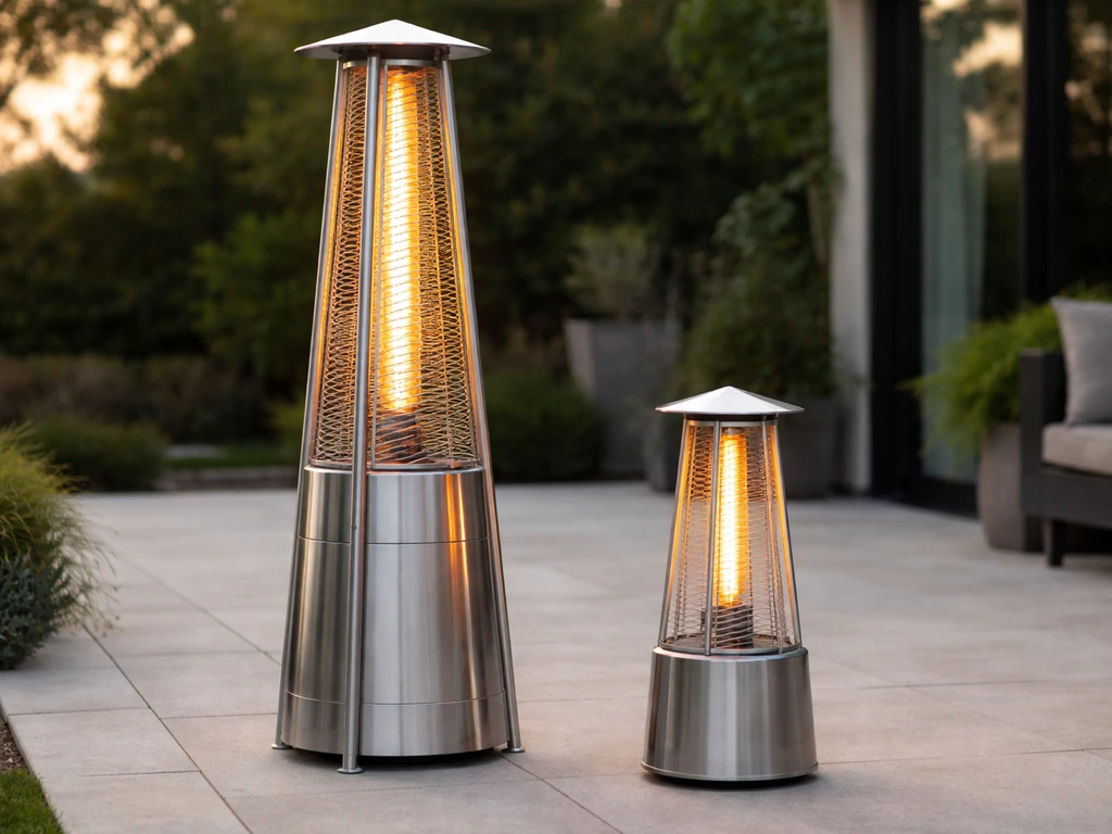 Side-by-side photo of a tall propane radiant tower heater and a smaller tabletop patio heater outdoors