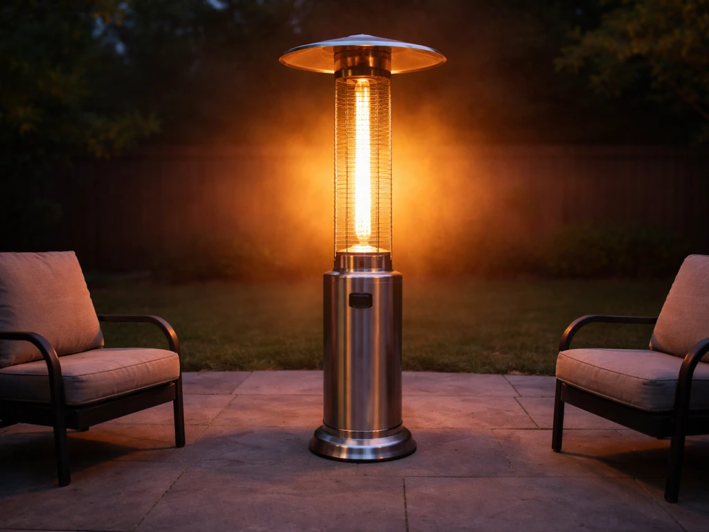 Propane patio tower heater glowing on a patio with subtle heat haze around seating areas