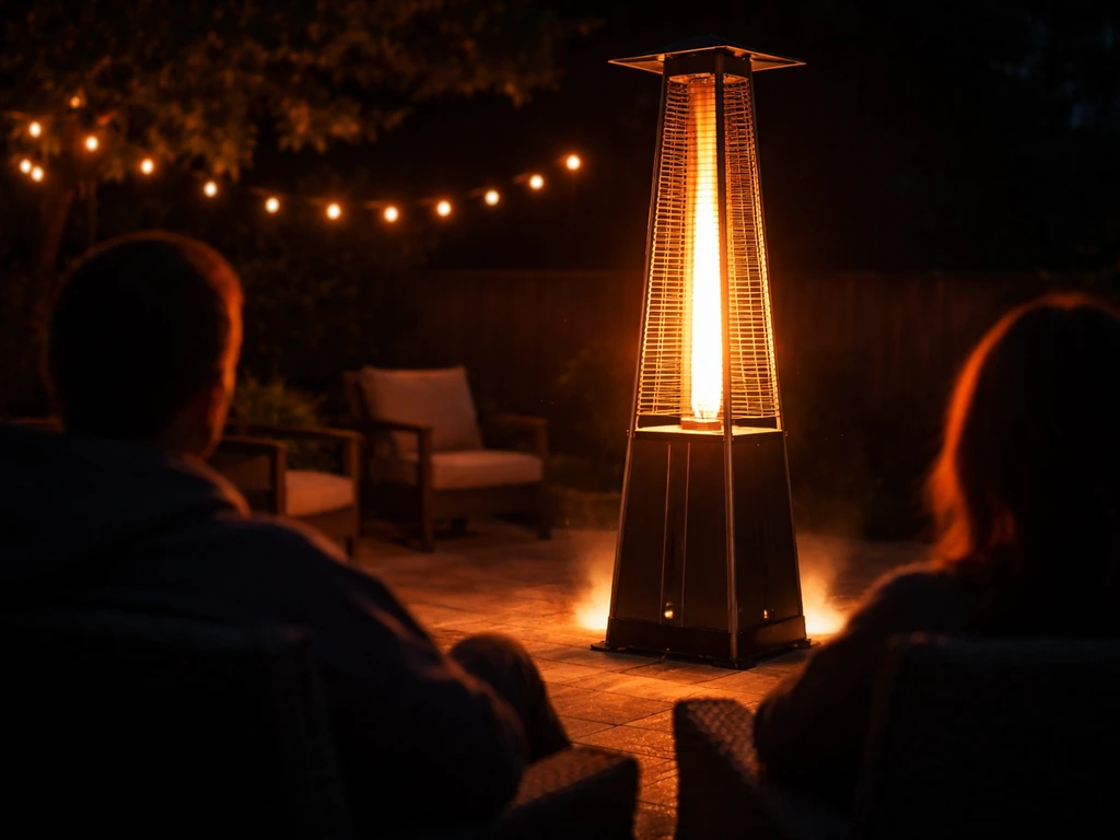 Night patio with a glowing propane tower heater warming anonymous people under warm light.