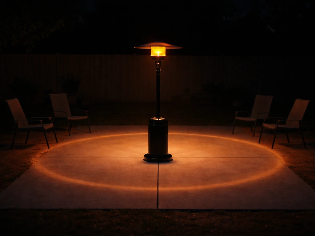 Black patio heater on a concrete patio with warm light spreading to show seating distance ranges.