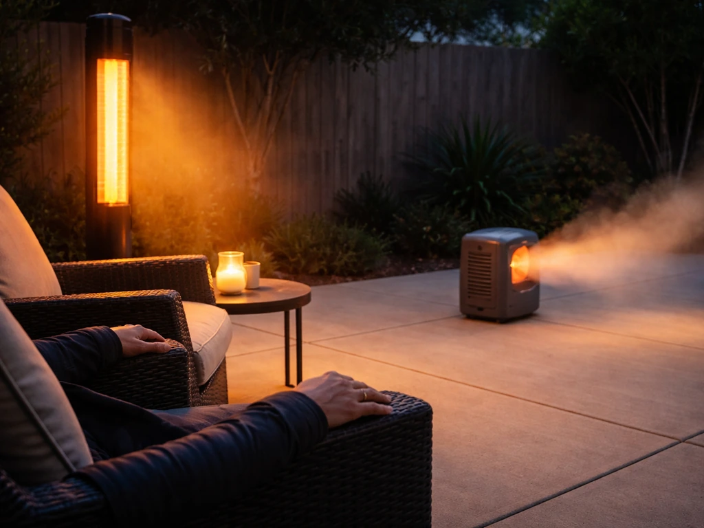 Infrared heater glowing on patio chairs and hands, contrasted with a forced-air unit warming the empty space.
