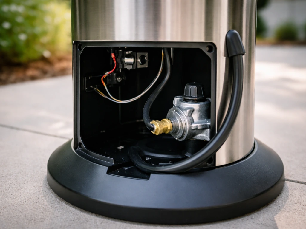 Close-up of a propane patio heater’s anti-tilt sensor base with regulator and hose placement on a patio.