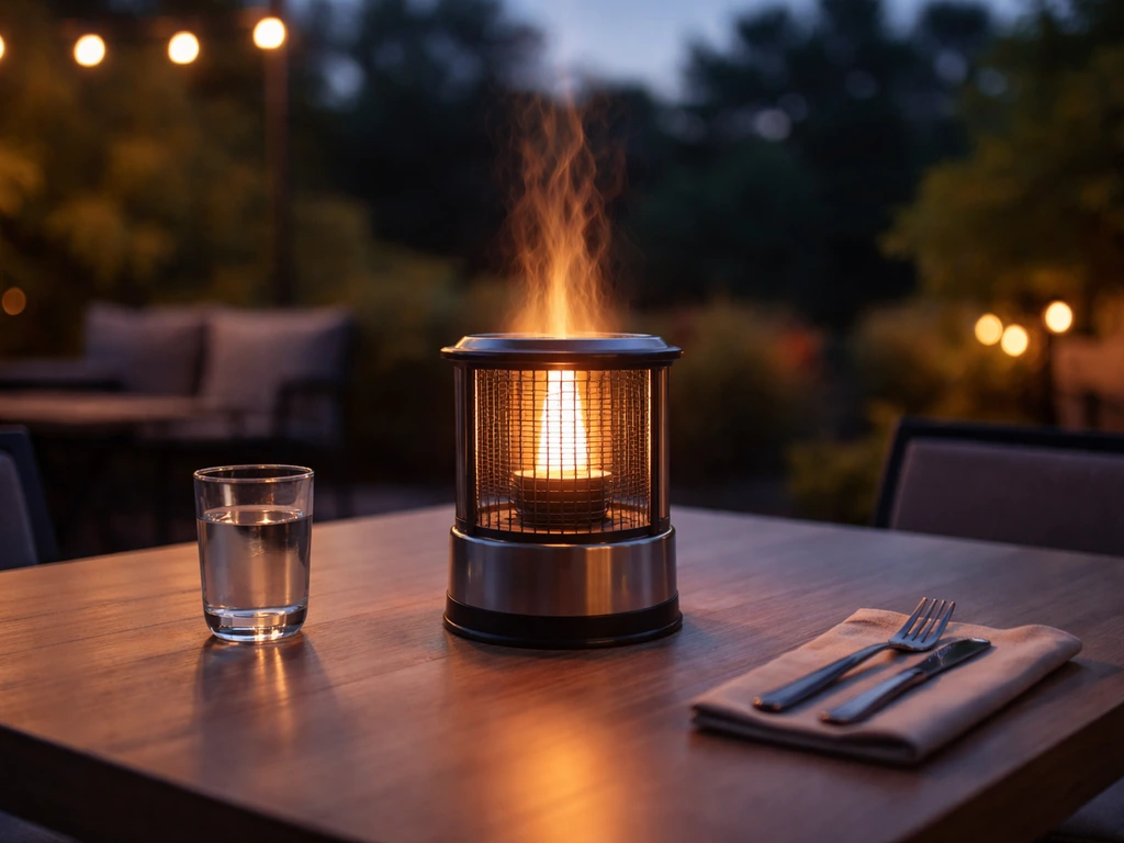 Tabletop patio heater on an outdoor table with visible warm glow at torso and face level