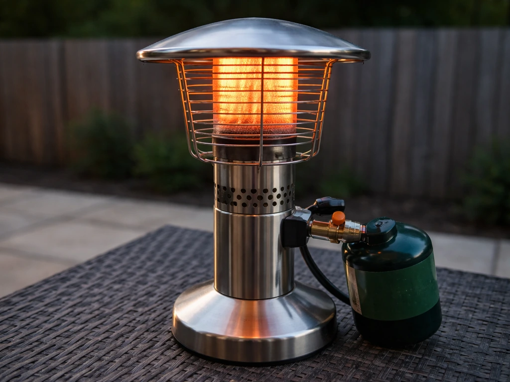 Propane tabletop heater on an outdoor patio table with burner guard and canister connection visible.