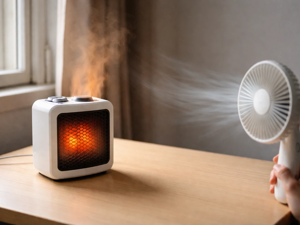 Tabletop heater near a window showing warm air drop-off with a fan creating visible airflow.