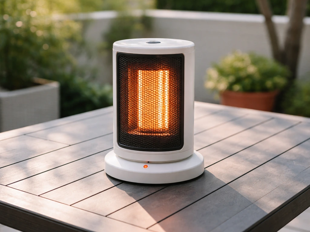 Electric tabletop heater on a stable patio table with clear space and a protective tip-over shutoff guard.