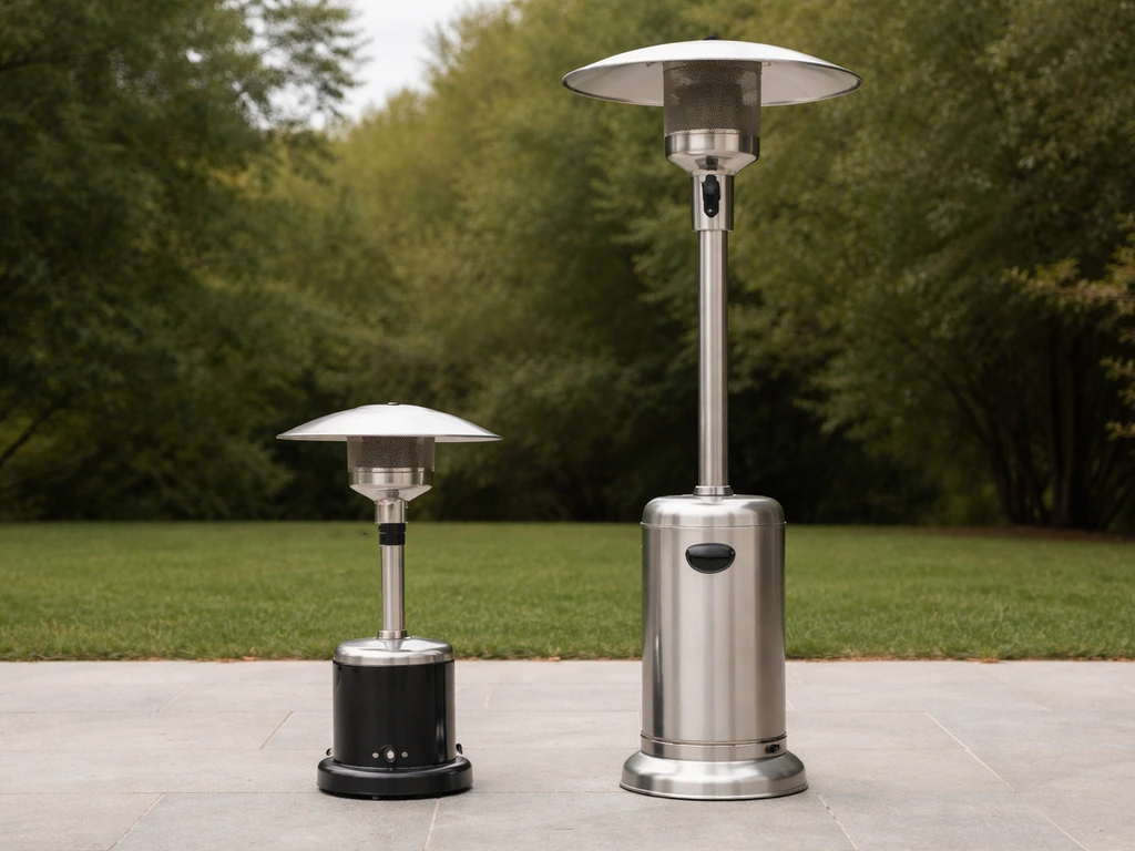 Side-by-side tabletop and standing patio heaters showing size difference and heat reflector scale.