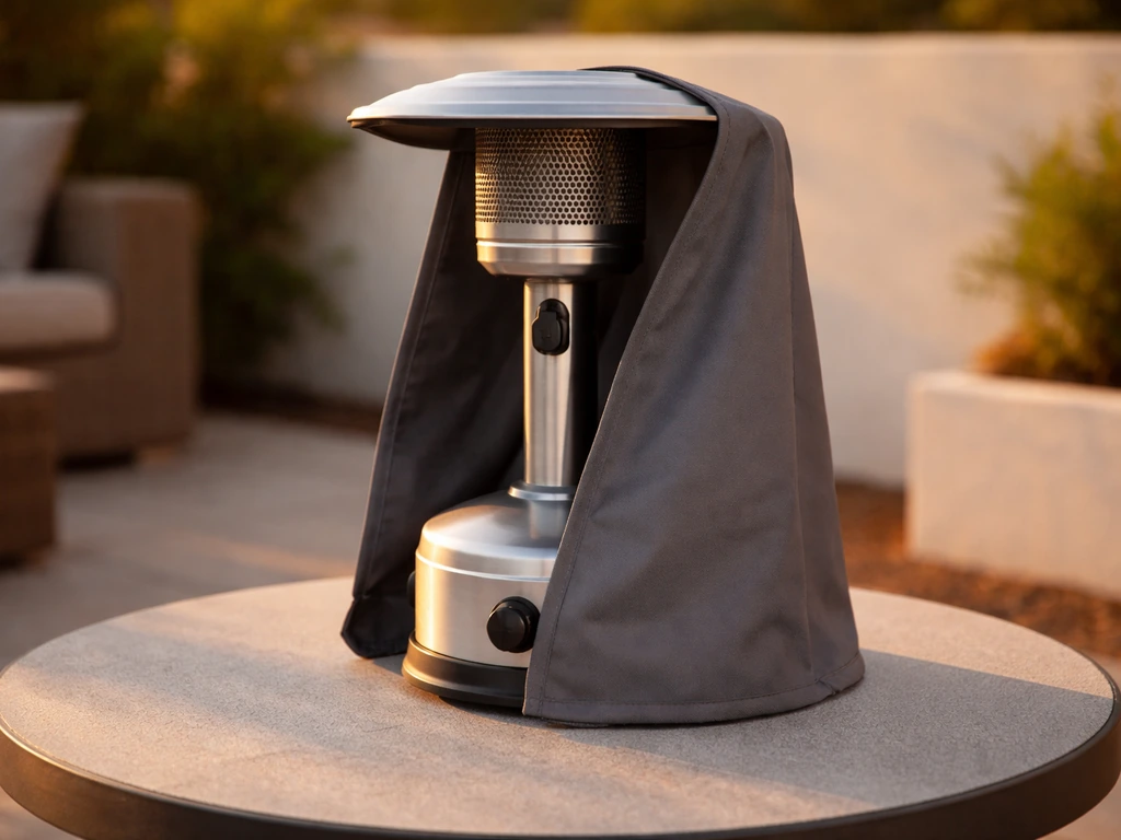 Portable tabletop patio heater on an outdoor table with its storage/weather cover visible.