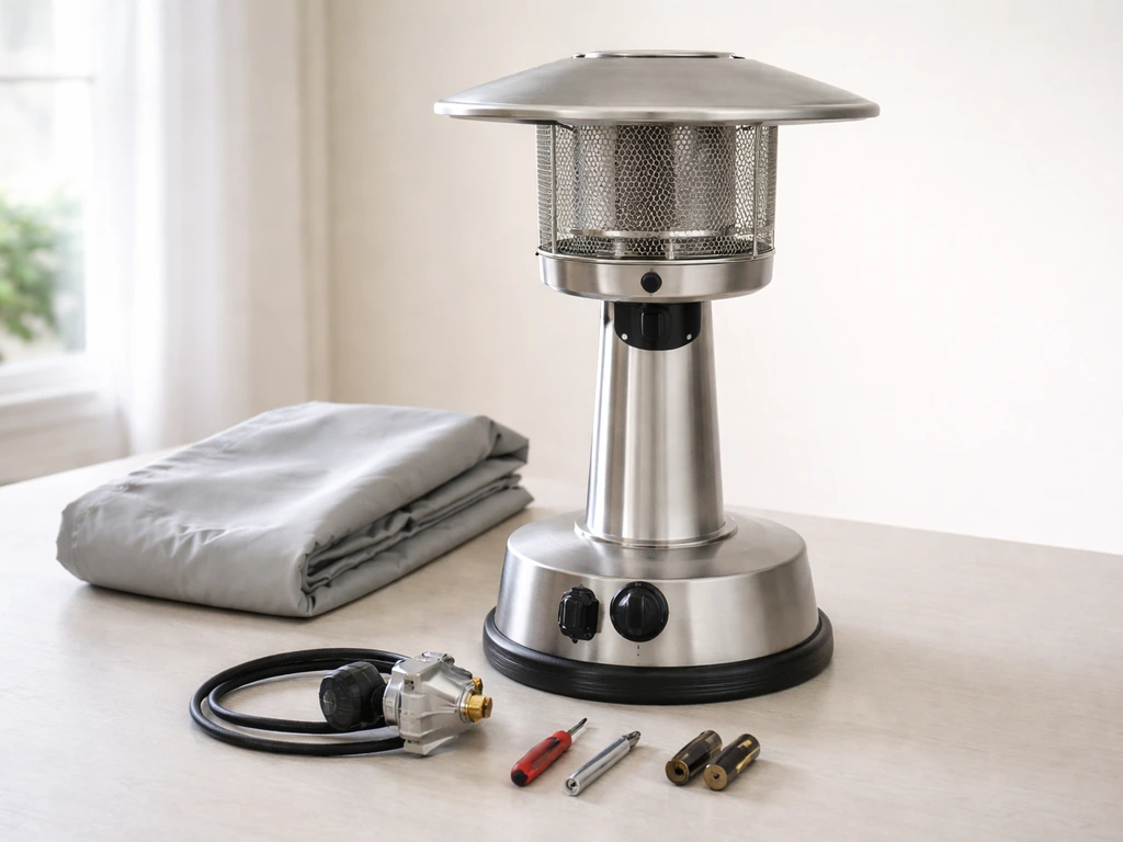 Anonymous tabletop propane patio heater with its cover and regulator accessories laid out neatly.