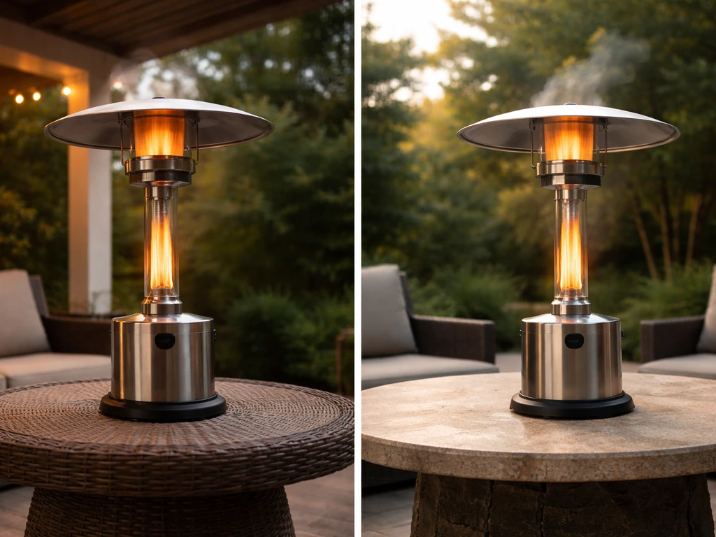 Tabletop heater on a covered patio versus the same setup in an open, breezy outdoor area with wind-blown mist.