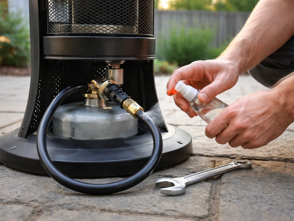 Outdoors beside an assembled portable heater, someone checks a hose connection for leaks with a simple tool