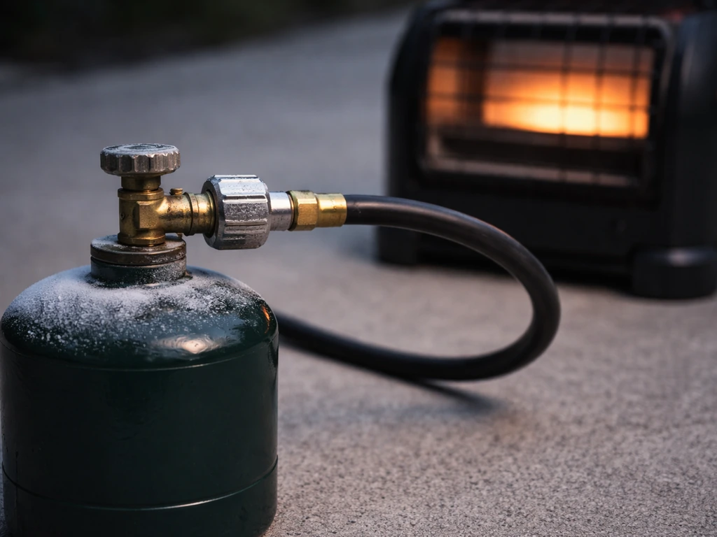 Close-up of a small propane cylinder connected to a compact heater with subtle frost from brief runtime