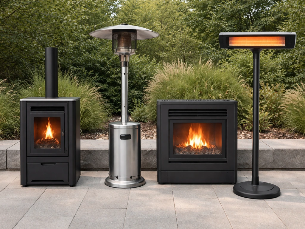 Four patio heating types side-by-side: pellet/wood stove, propane heater, pellet fireplace insert, infrared heater.
